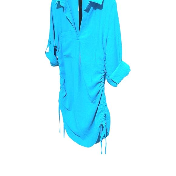 Swimsuit Cover-up - Blue- 3/4 Rolled Sleeves - Ruched with Ties - Small/Medium - Picture 9 of 14
